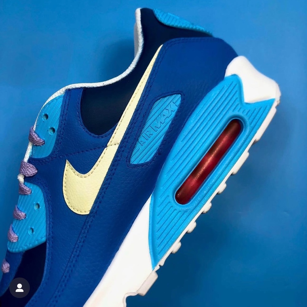 Nike Blue and Yellow Sneakers Air Max 90 Hand Painted Custom Shoes Women’s 8.5